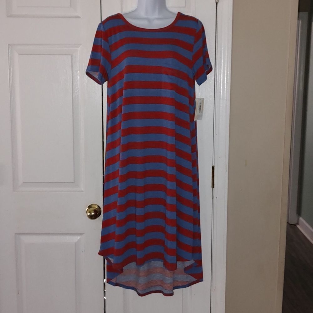 Lularoe  Carly red blue striped pocket dress Sz M NWT